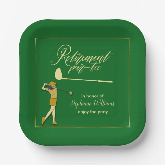 Women Retirement Golf Party Classic Green Golden Pappteller (Vorderseite)