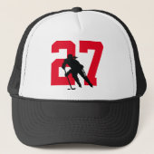 Women’s Custom Hockey Player Number Black and Red Truckerkappe (Vorderseite)