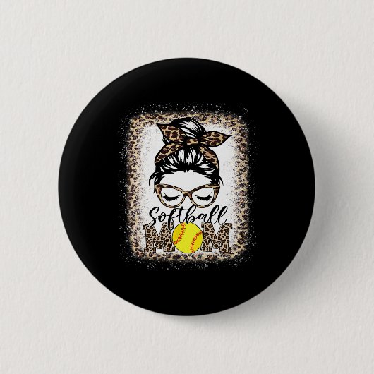 Women Softball Mama Boy Leopard Messy Bun Baseball Button (Vorderseite)
