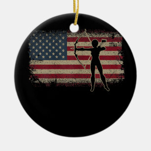 Womens Archery Player Crossbow American Flag Keramik Ornament