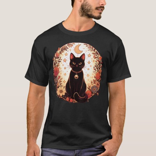 Womens Autumn Flowers Magical Black Cat Autumn Hal T-Shirt (Vorderseite)