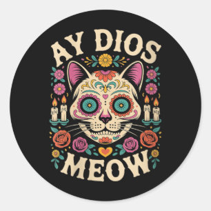 Womens Ay Dios Meow Lustiger Zucker-Schädel-Katze Runder Aufkleber