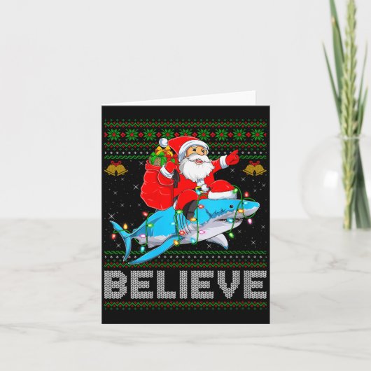 Womens Believe Xmas Funny Santa Riding Shark Ugly Karte (Vorderseite)