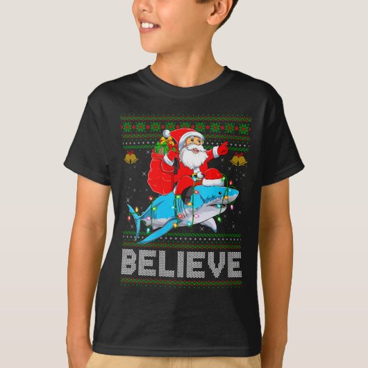 Womens Believe Xmas Funny Santa Riding Shark Ugly T-Shirt (Vorderseite)