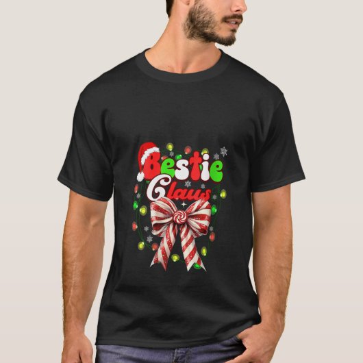 Womens Bestie Claus Coquette Bow Candy Cane Santa T-Shirt (Vorderseite)
