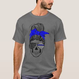 Womens Blue Flag Police Messy Bun Ehefrau Mama T-Shirt