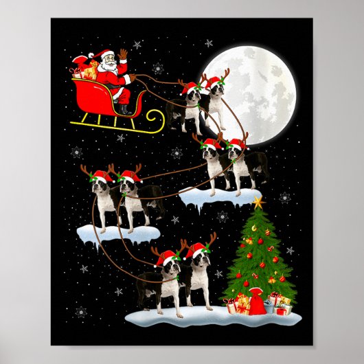 Womens Boston Terrier Dog Santa Sleigh Flying Funn Poster (Vorne)