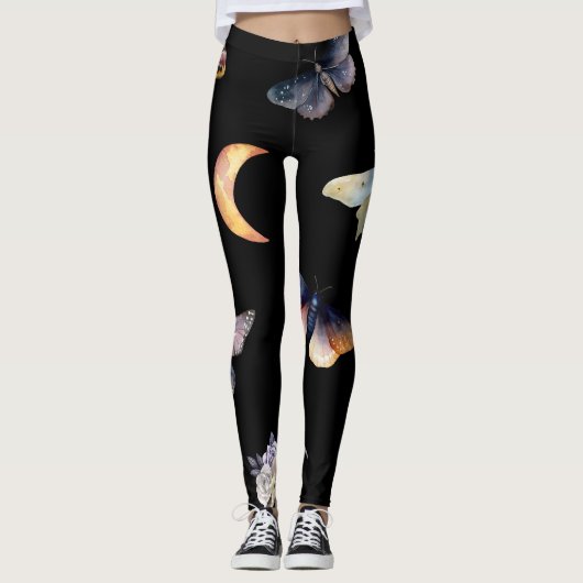 Women's Crystals & Moths Black Fashion Leggings (Vorderseite)
