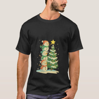 Womens Cute Christmas Snowman Watercolor Xmas Tree T-Shirt