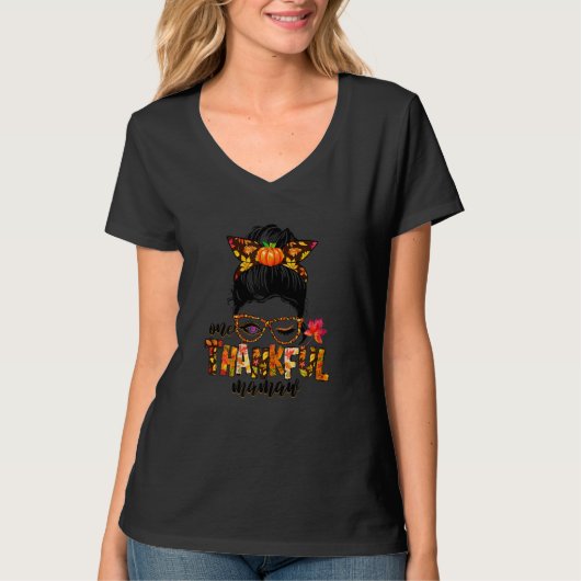Womens Cute One Thankful Mamaw Messy Bun Fall Autu T-Shirt (Vorderseite)