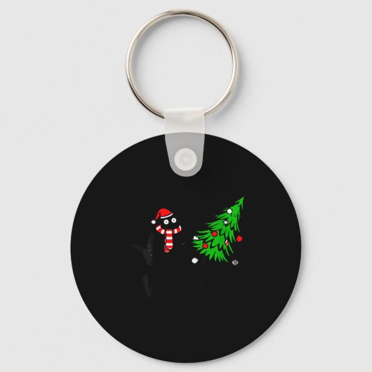 Womens Funny Black Cat Gift Pushing Christmas Tree Schlüsselanhänger (Vorderseite)