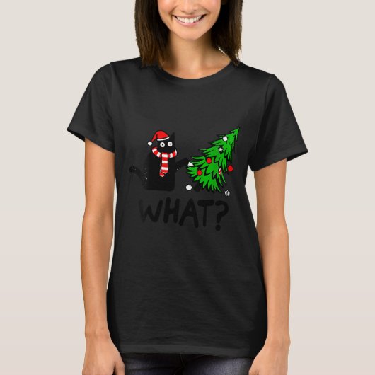 Womens Funny Black Cat Gift Pushing Christmas Tree T-Shirt (Vorderseite)