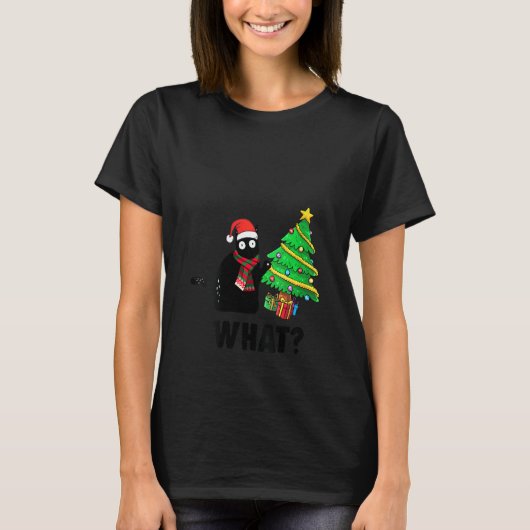 Womens Funny Black Cat Pushing Christmas Tree Ove T-Shirt (Vorderseite)
