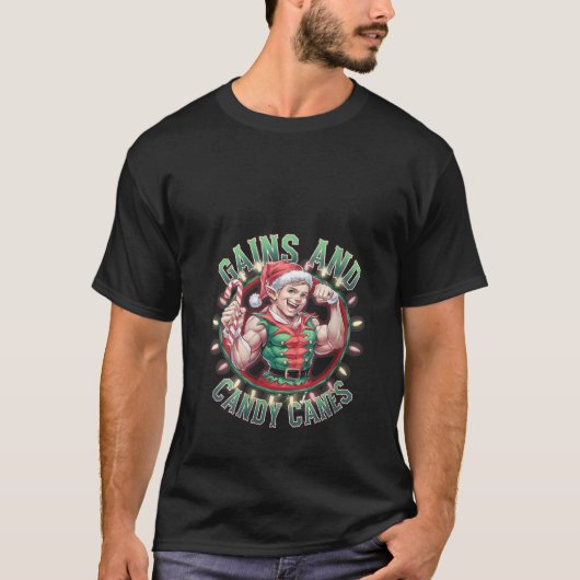 Womens Funny Christmas Elf Gym Workout Gains and C T-Shirt (Vorderseite)