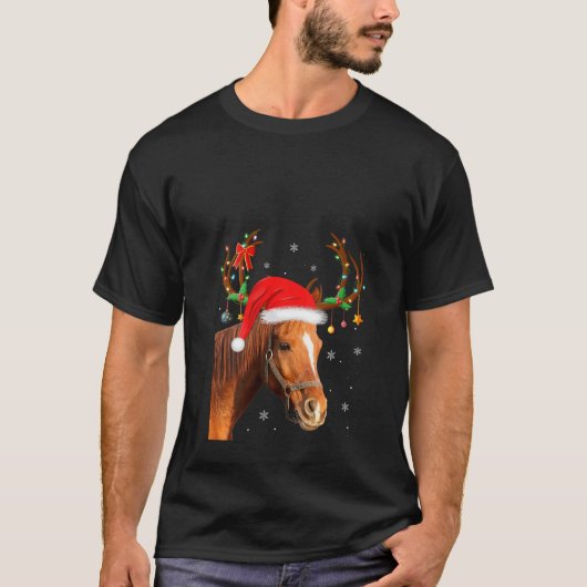 Womens Funny Horse Lover Xmas Lights Reindeer Sant T-Shirt (Vorderseite)