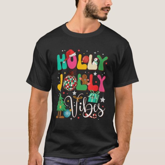 Womens Groovy Holly Xmas Jolly Christmas Vibes Mer T-Shirt (Vorderseite)