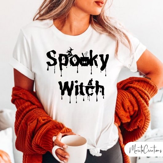Women's Halloween Black and White Spooky Witch T-Shirt