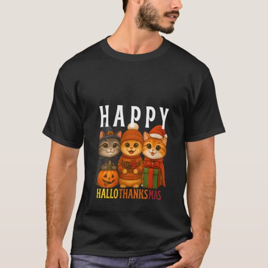 Womens Happy Hallothanksmas Cats Halloween Thanksg T-Shirt (Vorderseite)
