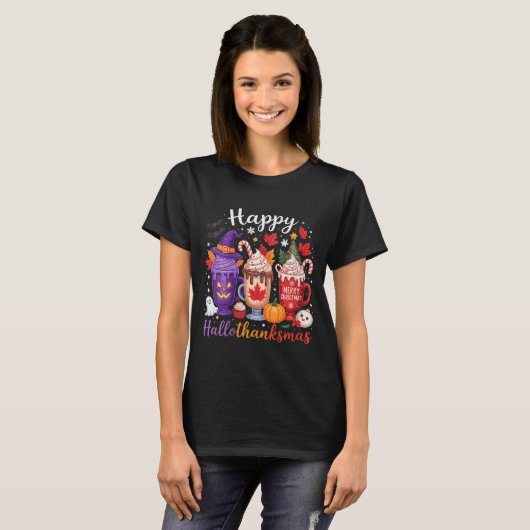 Womens Happy Hallothanksmas Coffee Lover Halloween T-Shirt (Vorne ganz)