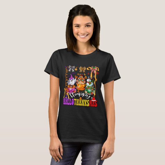 Womens Happy Hallothanksmas Coquette Bow Coffee La T-Shirt (Vorne ganz)