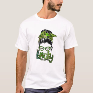 Womens Lucky Mama Messy Bun Shamrock T-Shirt