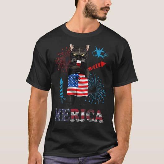 Womens  Merica Black Cat Wine Glass Firework USA F T-Shirt (Vorderseite)
