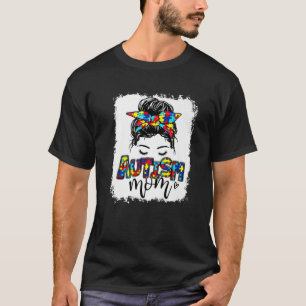 Womens Messy Bun Puzzle Proud Mama Autismus Bewuss T-Shirt
