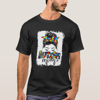 Womens Messy Bun Puzzle Proud Mama Autismus Bewuss T-Shirt