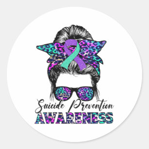 Womens Messy Bun Suicide Prevention Awareness Sui Runder Aufkleber