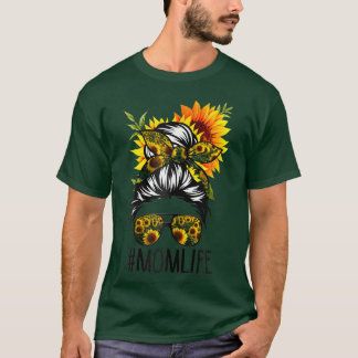 Womens Mom Life Messy Hair Bun Sunflower Women Mot T-Shirt