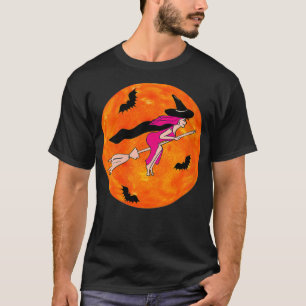 Womens PINK WITCH ON BROOM, HALLWEEN, WITCHES VNec T-Shirt