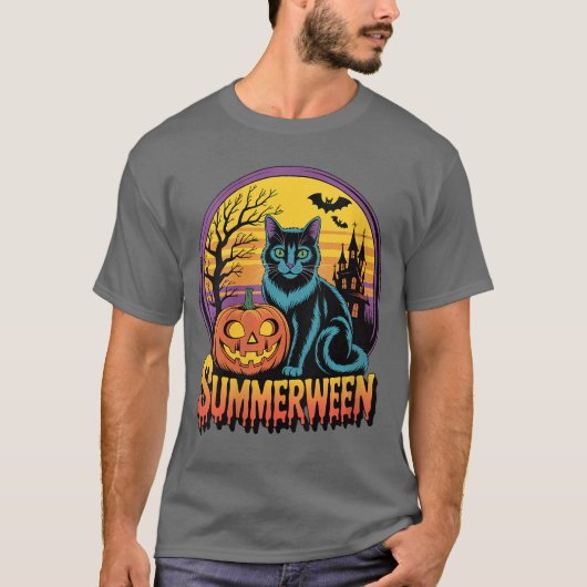 Womens Retro Black Cat Spooky Cute Art Summerween T-Shirt (Vorderseite)