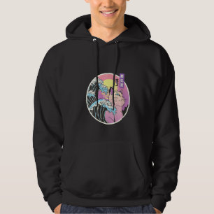 Womens Retro Great Wave Japanisch Vaporwave Cat 90 Hoodie
