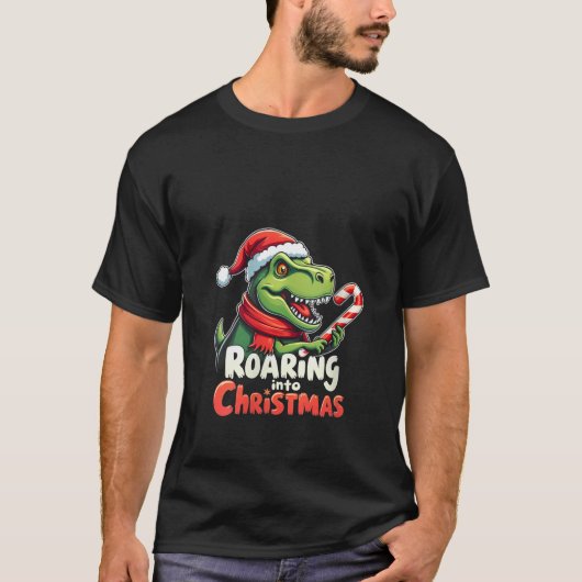 Womens Roaring into Christmas T Rex Santa Hat Cand T-Shirt (Vorderseite)