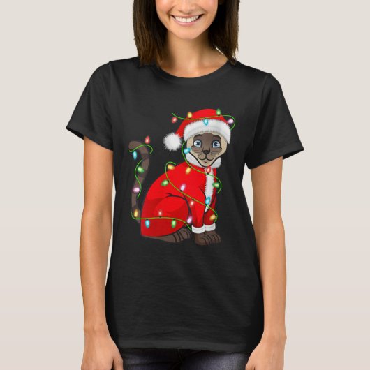 Womens Siamese Cat Christmas Lights Santa Costume T-Shirt (Vorderseite)
