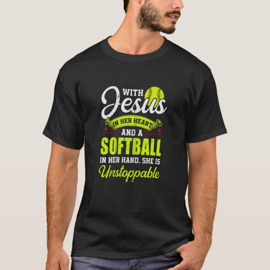 Womens Softball With Jesus And A Softball She Is U T-Shirt (Vorderseite)