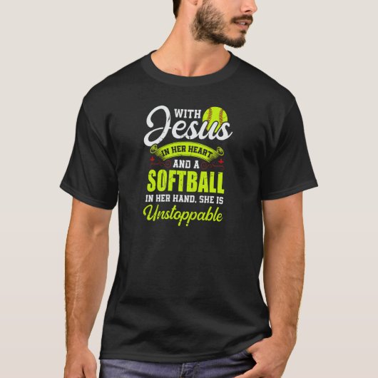 Womens Softball With Jesus And A Softball She Is U T-Shirt (Vorderseite)