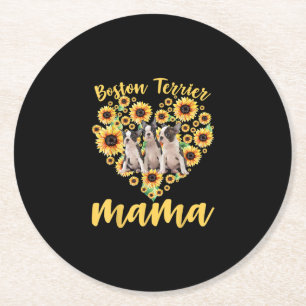 Womens Sunflower Boston Terrier Mama Dog Lover Runder Pappuntersetzer