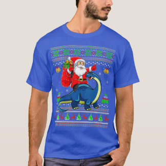 Womens Ugly Xmas Santa Riding Brontosaurus Dinosau T-Shirt