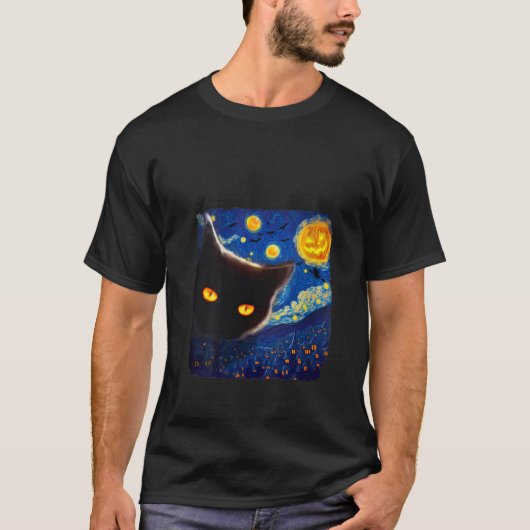 Womens Van Gogh Starry Night Cat Halloween Black C T-Shirt (Vorderseite)