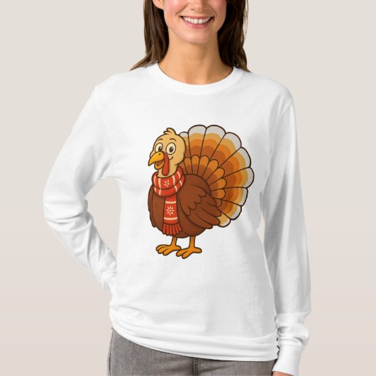 Women's Warm T-Shirt with a Cute Autumn Turkey Pri (Vorderseite)