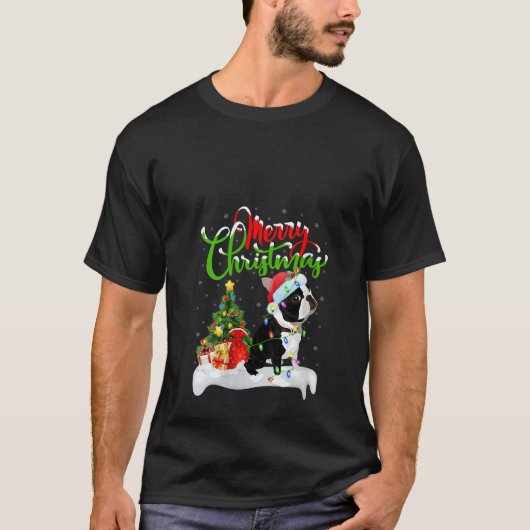 Womens Xmas Lighting Matching Santa Boston Terrier T-Shirt (Vorderseite)