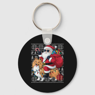 Womens Xmas Ugly Sweater Santa Riding Schäferhund Schlüsselanhänger