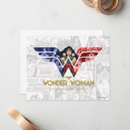 Wonder Woman Crossed Arms in Logo Collage Mitteilungskarte (Vorderseite/Rückseite Beispiel)