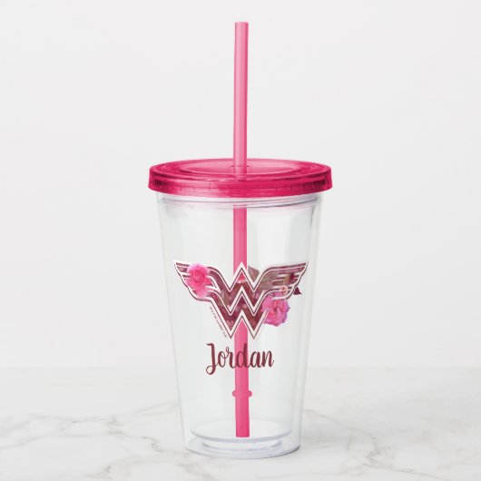 Wonder Woman Pink Camellier Blume Logo Acryltrinkbecher (Vorderseite)