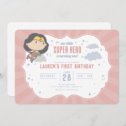 Wonder Woman | Super Hero First Birthday Einladung (Vorne/Hinten)