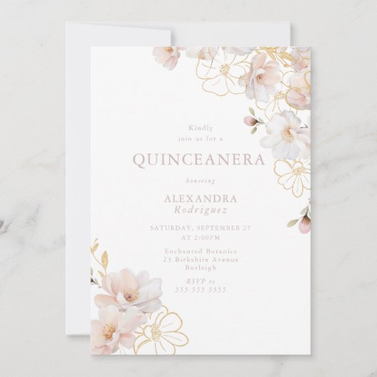 Wonderful Blush & Gold Enchanted Quinceanera Einladung (Vorderseite)