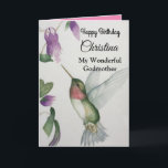 Wonderful Godmother Happy Birthday Hummingbird Karte<br><div class="desc">Celebrate birthday of your wonderful godmother with an elegant hummingbird design on a charming greeting card. Created from my original watercolour painting, the lovely little bird and flower image brighten the day for birdwatchers, gardeners and nature lovers. The special woman in your life will love the pastel colours of cream,...</div>
