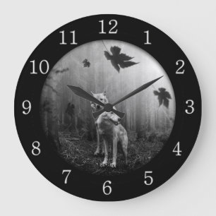 Wonderful Wolves Black and White Leaf Us Alone  Große Wanduhr