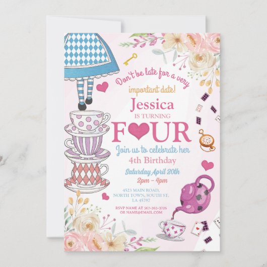 Wonderland Birthday 4. Tee Party Vier Girls Einladung (Vorderseite)